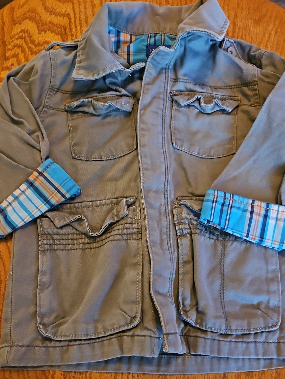 Kids Plaid-Lined Utility Jacket - Gray with Blue Plaid